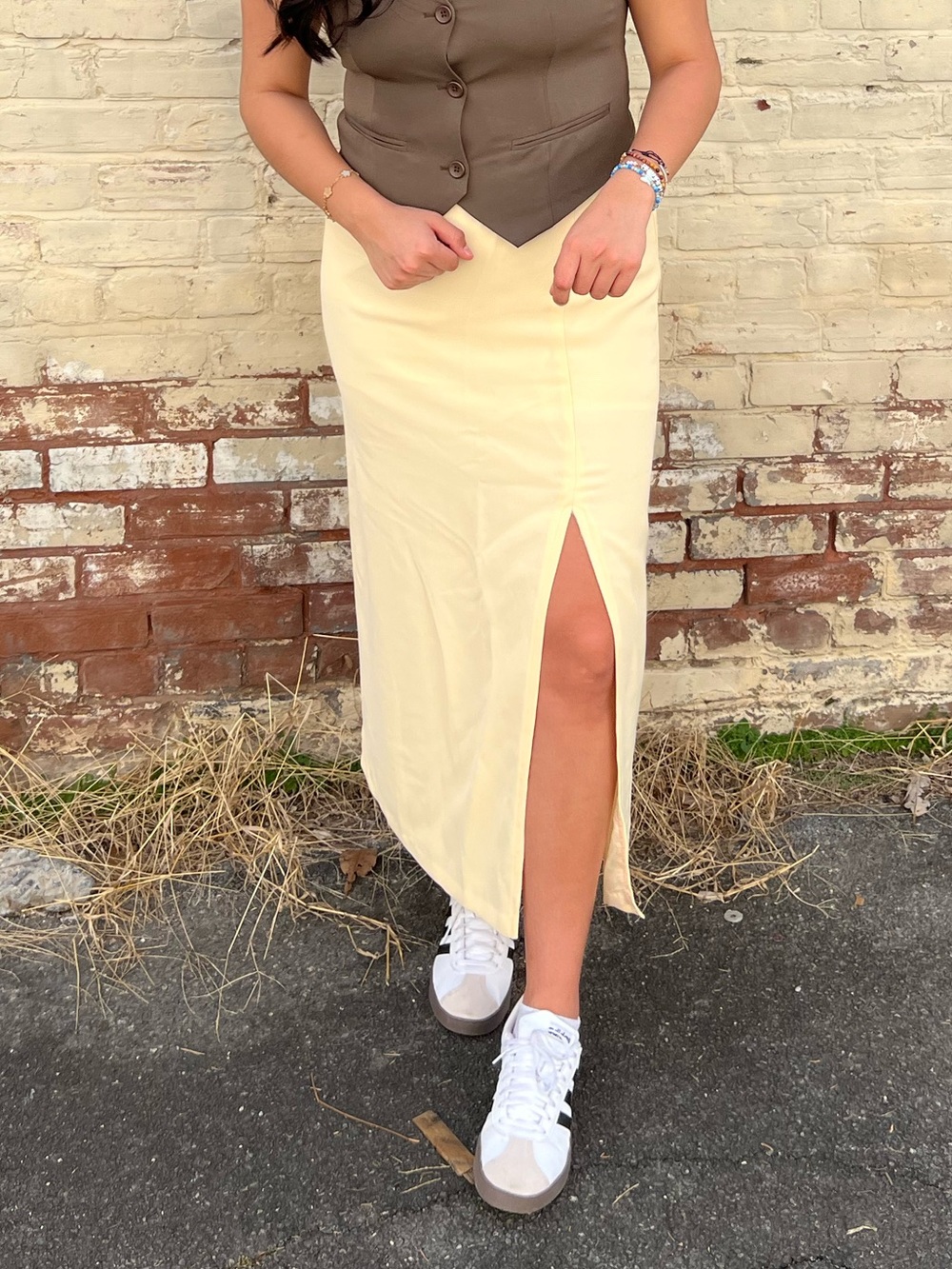 Butter Yellow Midi Skirt with Front Slit
